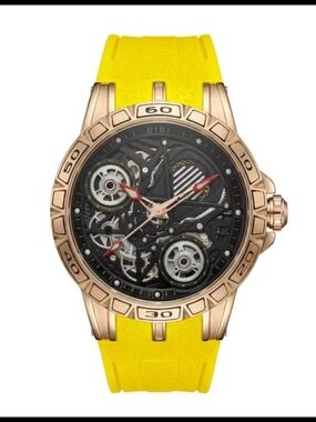​BiBi Luxury Men's Watch Automatic Mechanical Skeleton Rose Gold Yellow Rubber